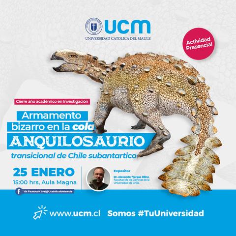 El cartel promocional de una actividad académica sobre un anquilosaurio en la Universidad Católica del Maule.
