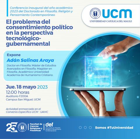 Anuncio de una conferencia sobre el consentimiento político en la perspectiva tecnológica-gubernamental.