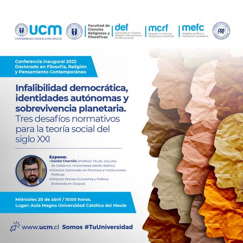 Una imagen que anuncia una conferencia inaugural sobre filosofía, religión y pensamiento contemporáneo en la Universidad Católica del Maule.