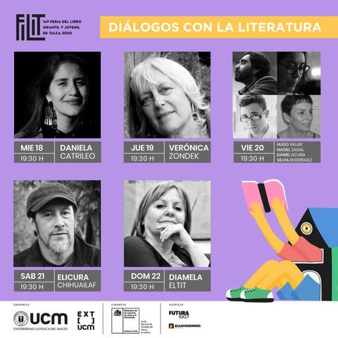 Una programación de actividades literarias con fechas, horas y nombres de los participantes en la feria del libro de Talca 2023.