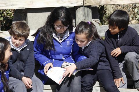 Un grupo de niños observa a una mujer que les lee un libro en un ambiente al aire libre.