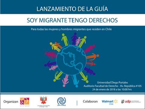 Cartel del lanzamiento de una guía sobre los derechos de migrantes en Chile.