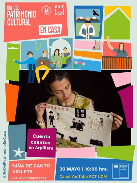 Mujer mostrando un trabajo de arpillera mientras varios elementos culturales decoran el fondo.