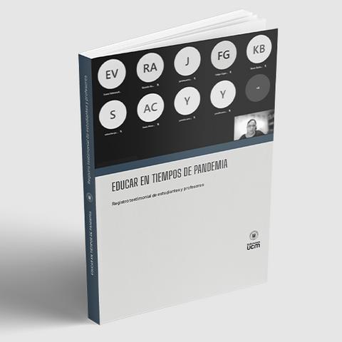 Un libro titulado 'Educar en tiempos de pandemia' está en una posición vertical con una portada que muestra círculos con imágenes de varias personas.