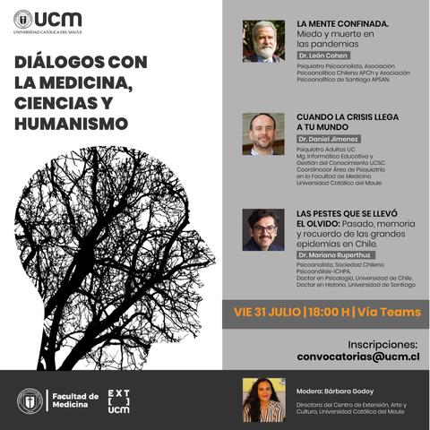 Una imagen que anuncia un evento sobre medicina, ciencias y humanismo, con varios ponentes y sus temas de discusión.