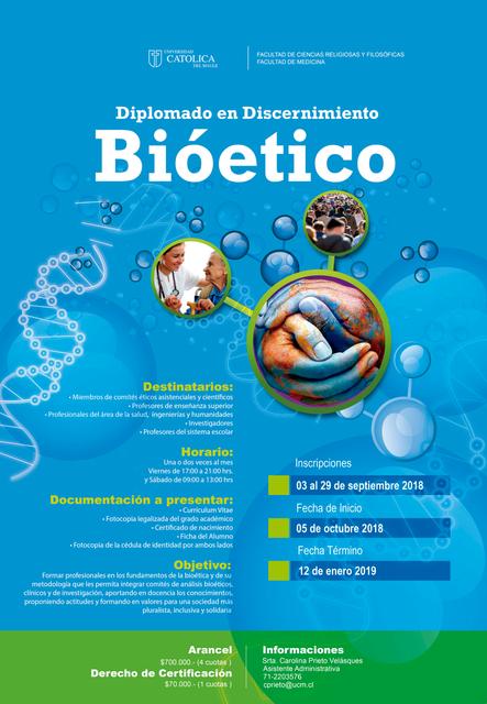 Póster informativo sobre un diplomado en bioética con detalles sobre horarios e inscripciones.