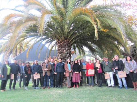 Un grupo de personas posando frente a una gran palmera.