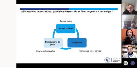 La imagen presenta un diagrama sobre el ciberacoso en universitarios, destacando aspectos como la intencionalidad, el desequilibrio de poder y la repetición.
