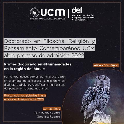 Anuncio sobre un doctorado en Filosofía, Religión y Pensamiento Contemporáneo en la Universidad Católica del Maule.