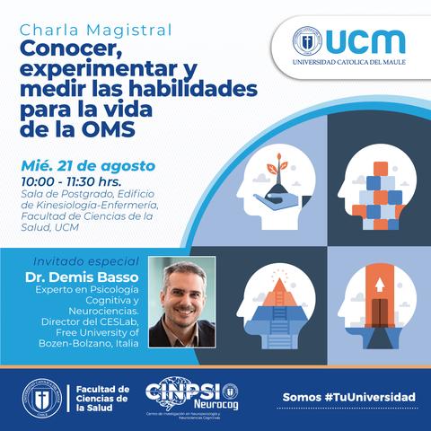 Una invitación a una charla magistral en la Universidad Católica del Maule sobre habilidades para la vida de la OMS.