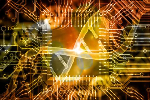 La imagen muestra un diseño abstracto con circuitos y un microprocesador iluminado en tonos dorados y naranjas.