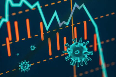 La imagen muestra gráficos de datos con virus representados en el fondo.