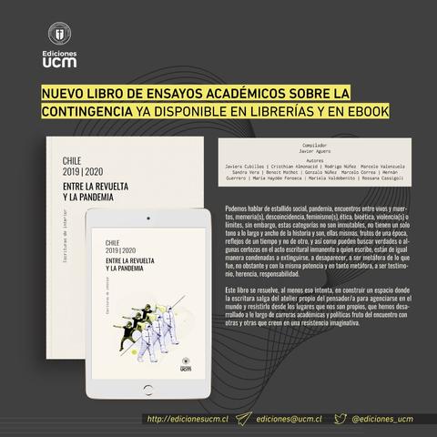 Anuncio de un nuevo libro de ensayos académicos sobre la contingencia en Chile, disponible en librerías y ebook.