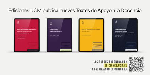 Cuatro tabletas que muestran textos de apoyo a la docencia de Ediciones UCM.