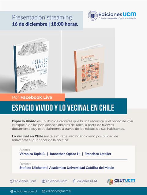 Imagen promocional de una presentación streaming sobre dos libros relacionados con el espacio y la comunidad en Chile.