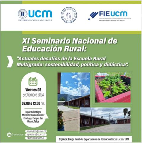 Este es un cartel informativo sobre el XI Seminario Nacional de Educación Rural en la Universidad Católica del Maule.