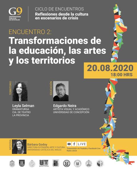 El cartel anuncia un encuentro sobre transformaciones en educación, artes y territorios con los ponentes Leyla Selman y Edgardo Neira.