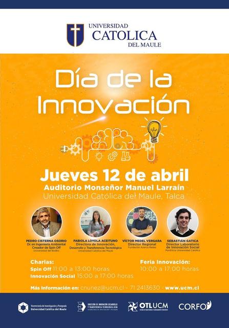 El cartel promocional del Día de la Innovación en la Universidad Católica del Maule, con detalles sobre el evento y los horarios de las actividades.
