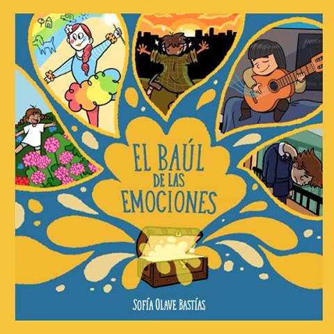 Una portada de libro titulada 'El baúl de las emociones', que muestra diferentes ilustraciones de niños expresando varias emociones.