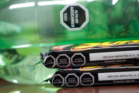 La imagen muestra botellas de agua y paquetes de golosinas con etiquetas nutricionales.