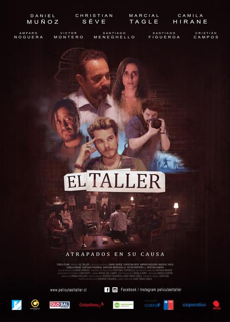 La imagen presenta el póster de la película 'El Taller', mostrando a varios personajes en un ambiente dramático.