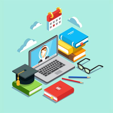 Una representación gráfica de un entorno de estudio en línea con una computadora, libros y materiales de oficina.