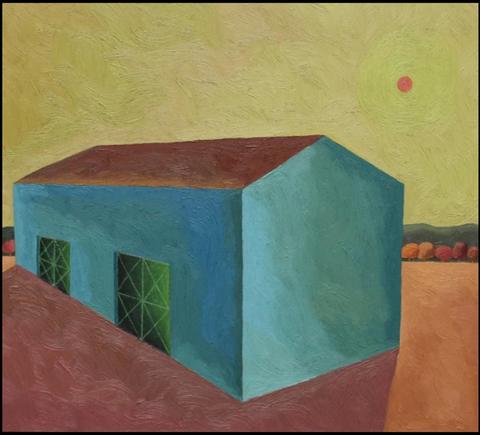 Una casa de color azul con un techo marrón bajo un cielo amarillento y un sol rojo.