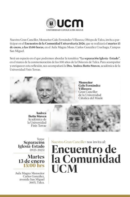 Invitación a un encuentro comunitario de la Universidad Católica del Maule sobre la separación Iglesia-Estado.