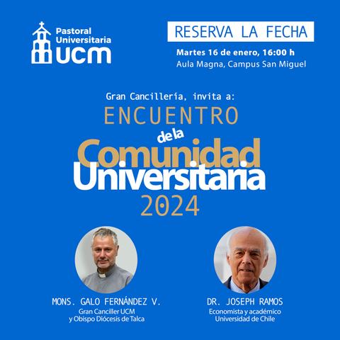 Anuncio de un encuentro de la comunidad universitaria con la participación de dos ponentes destacados.