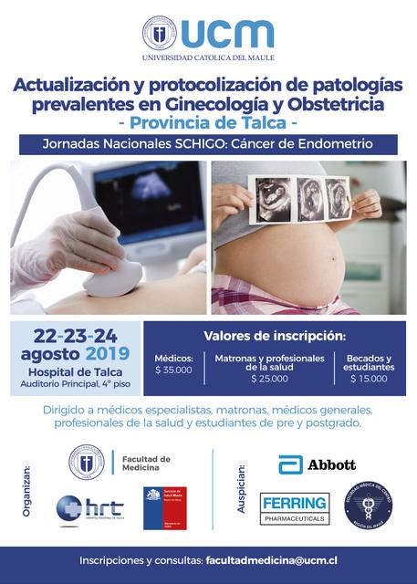 Cartel informativo sobre un evento de actualización en ginecología y obstetricia en Talca.