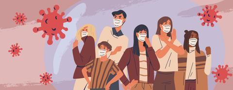 Un grupo de personas usando mascarillas en un fondo con virus representados gráficamente.