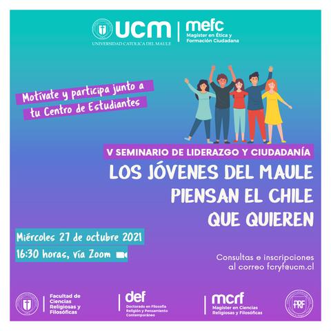Un cartel que promociona un seminario sobre liderazgo y ciudadanía dirigido a jóvenes del Maule.