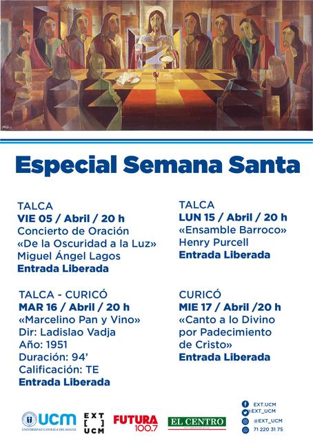 Cartel que promociona eventos especiales para la Semana Santa en Talca, incluyendo conciertos y proyecciones de películas.