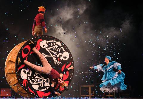 Un espectáculo teatral con personajes disfrazados que realizan acrobacias sobre un tambor decorado con calaveras.