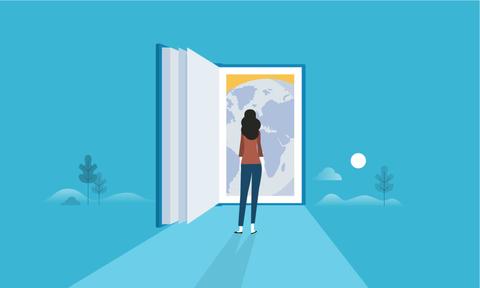 Una persona observa un mundo representado en un libro abierto que parece ser una entrada a un paisaje.