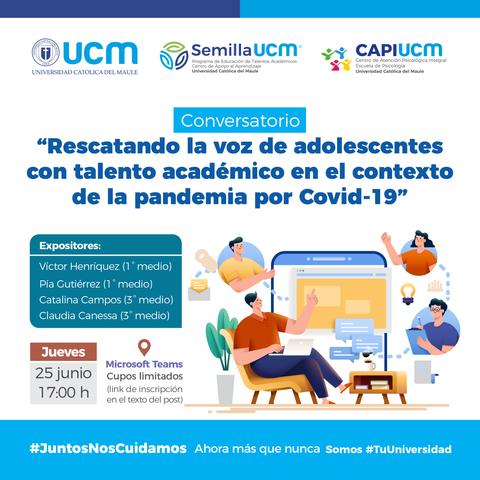 Anuncio de un conversatorio sobre la voz de adolescentes con talento académico en el contexto de la pandemia por Covid-19.