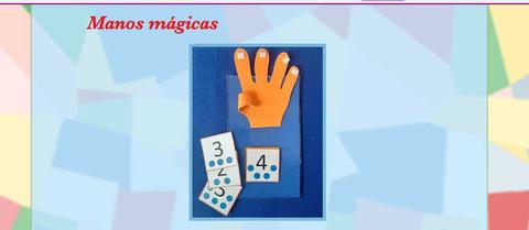 Una mano de papel de color naranja se coloca sobre un fondo azul, junto a dos tarjetas con los números 3 y 4.