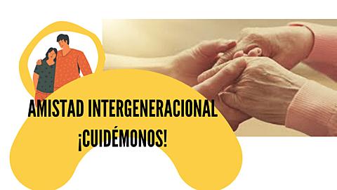 La imagen representa un mensaje sobre la amistad intergeneracional con un enfoque en la solidaridad y el cuidado mutuo.