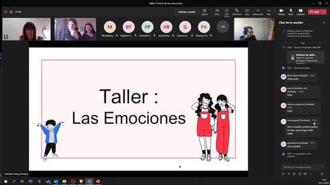 Una presentación sobre un taller dedicado a las emociones, mostrando a tres figuras que representan a los participantes.