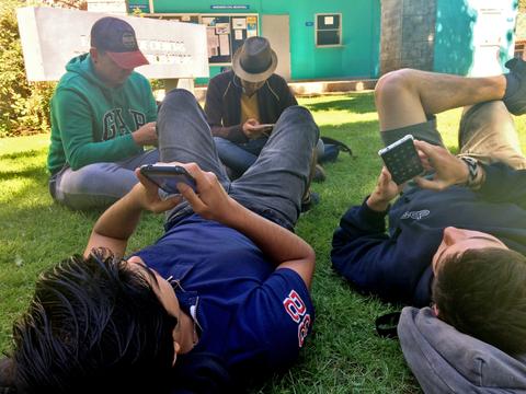 Un grupo de jóvenes relajándose en el césped mientras usan sus teléfonos móviles.