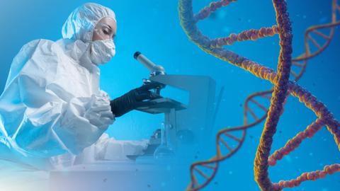 Una investigadora observa una muestra bajo un microscopio en un laboratorio biomédico.