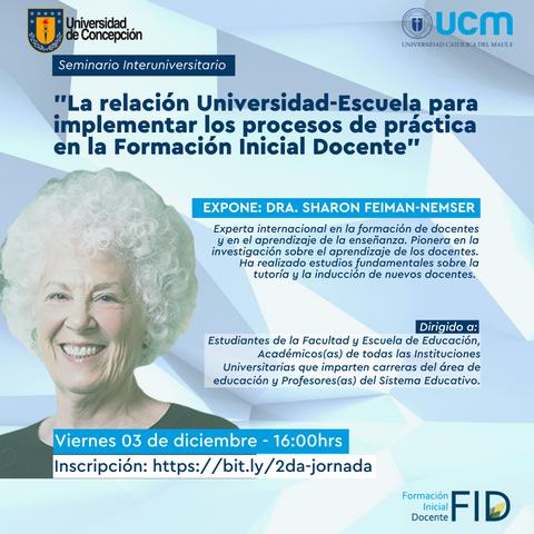 Un cartel informativo sobre un seminario interuniversitario de formación docente que presenta a la Dra. Sharon Feiman-Nemser como expositora.