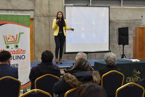 Una mujer vestida de manera formal presenta un proyecto frente a una audiencia en un evento.