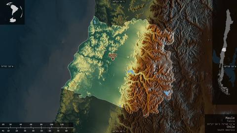 Mapa topográfico de la región de Talca en Chile.