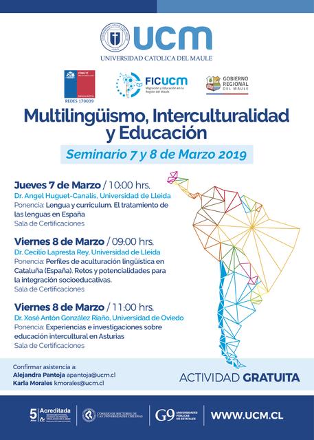Cartel informativo sobre un seminario de multilingüismo, interculturalidad y educación en la Universidad Católica del Maule.