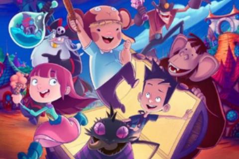 Un grupo de personajes animados se divierte en un mundo colorido y fantasioso.