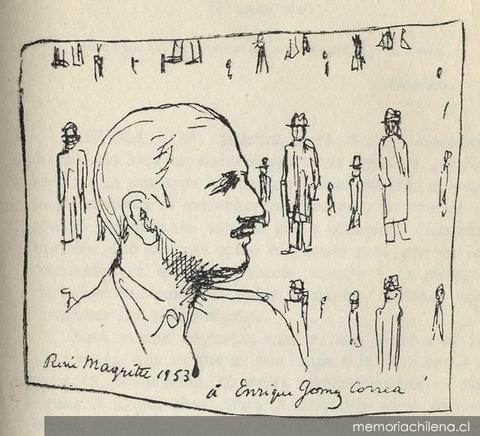 Dibujo a lápiz de perfil de un hombre rodeado de figuras en la parte superior.