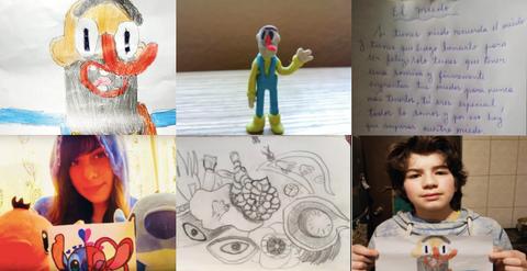 Collage de varias obras de arte y personas creativas que muestran dibujos y esculturas.