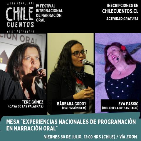 Tres ponentes participan en una mesa sobre narración oral en un festival internacional.