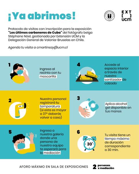 El cartel informa sobre el protocolo de visitas para una exposición de fotografía en la universidad.